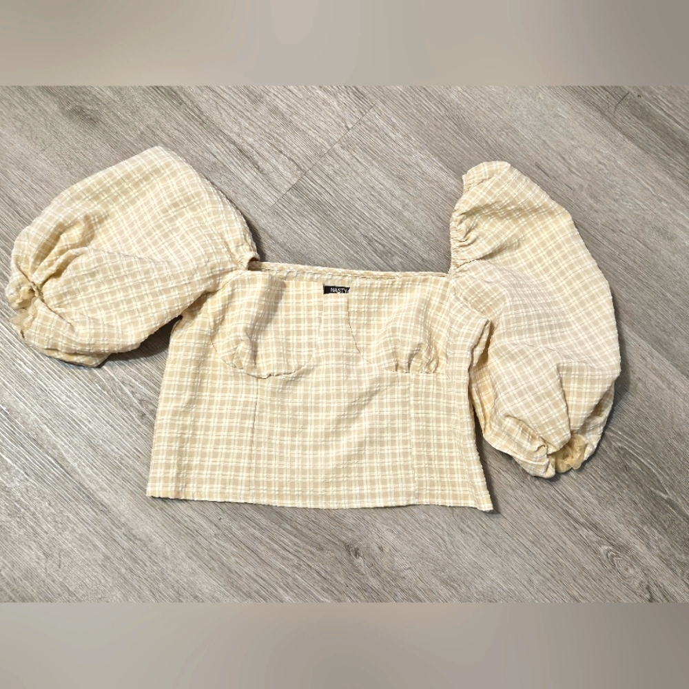 Nasty Gal Beige Plaid Puff Sleeve Blouse Size 8